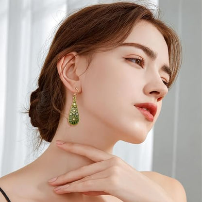 Handmade Bohemian Crystal Teardrop Dangle Earrings, Tribal Retro Copper Hollow Out National Style Geometry Enamel Floral Hook Earrings for Women, Ethnic Statement Jewelry