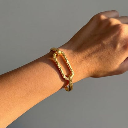 Moodear Chunky Gold Bangle Bracelets for Women, 14K Gold Plated/Silver Cuff | Chunky Statement Jewelry with Hammered Texture, Non Tarnish Gold Plated Finish, Unique Cuff Design, Lightweight Comfort - style: Paperclip Bangle Gold 18.5cm （≈7IN）