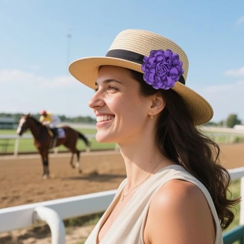 Satin Rose Flower Brooch Hair Clip for Women 4.3 Inch Floral Pin for Hats Dress Everyday Outfits Beach Vacations - color: Purple