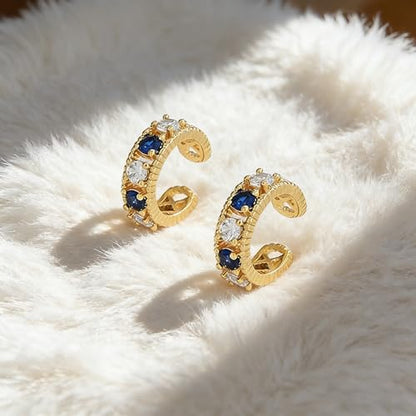Bemoly Ear Cuff Earrings for Women 14K Gold Plated Cubic Zirconia Dangle Huggie Ear Cuffs Non Piercing | Clip On Cartilage - style: D-Blue CZ-Pair