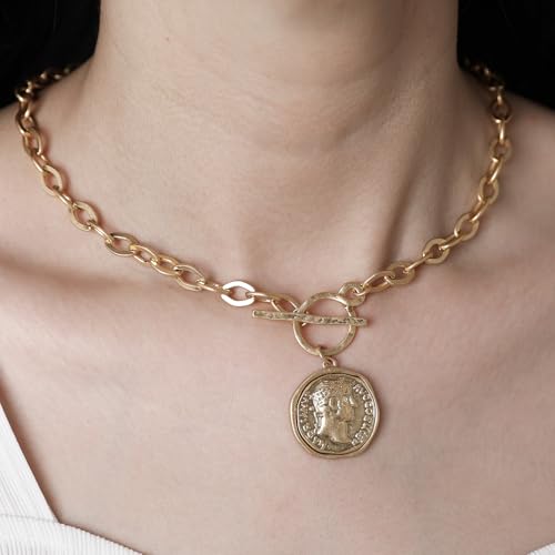 MISS SECRET Chunky Gold Necklaces for Women Coin Statement Necklace Antique Silver and Gold Chain Thick Toggle Pendant Trendy Fashion Jewelry - style: Worn Gold-M