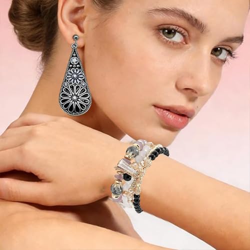 Western Jewelry Sets for Women Boho Jewelry, Layer Bohemian Necklace Earrings Bracelet, Cowgirl Accessory Rodeo Summer Beach - color: Black