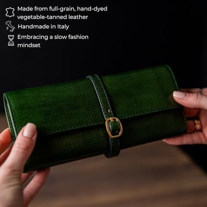 Time Resistance Leather Jewelry Roll - Full Grain Leather Travel Jewelry Case - Jewellery Organizer Made in Italy (Green) - color: Green