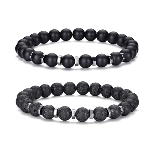 Mens Beaded Bracelets Set 8MM Tiger Eye Lava Stone Stretch Natural Stone Men's Bead Bracelet Mens Bracelet - color: 2,black bracelet