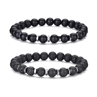 Mens Beaded Bracelets Set 8MM Tiger Eye Lava Stone Stretch Natural Stone Men's Bead Bracelet Mens Bracelet - color: 2,black bracelet