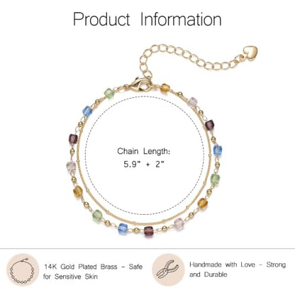 Gold Bracelets for Women Dainty 14K Gold Plated Layered Chain Bracelets Turquoise Green Aventurine Crystal Beaded Bracelets for Women - color: Colorful Crystal