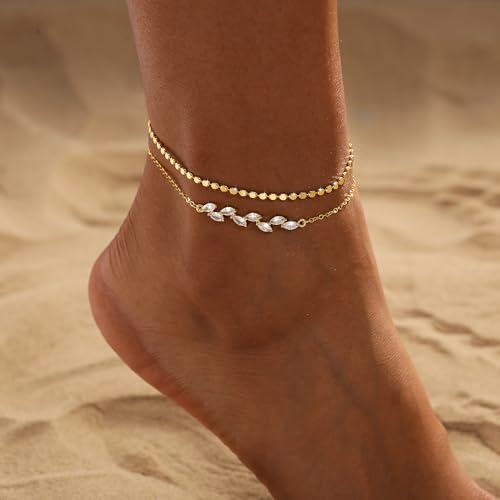 CAROVO Gold Ankle Bracelets for Women Waterproof,14K Gold Plated Bead Leaf Heart Dot Satellite Chain Layered Anklets Non Tarnish Summer Beach Jewelry Gift for Women - style: C: Dot&Leaf