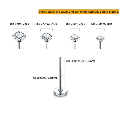 Oveta Threadless Push in Lip Rings 16G/18G/20G Labret Jewelry CZ Lip Studs Stainless Steel Cartilage Earrings for Women Monroe Medusa Piercing Jewelry 6/7/8/10/12mm Bar Length - color: Silver, size: 20G*10mm bar*1.5/2/2.5/3mm cz