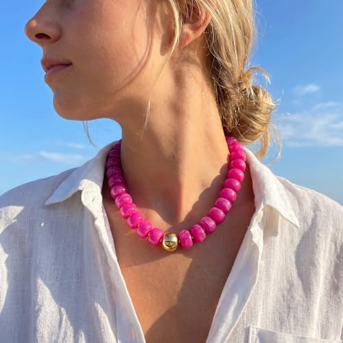 Badu Colorful Chunky Beaded Choker Necklace, Acrylic Colorful Bead Statement Necklaces, Adjustable Summer Beach Jewelry Gift for Women - color: Rose Red