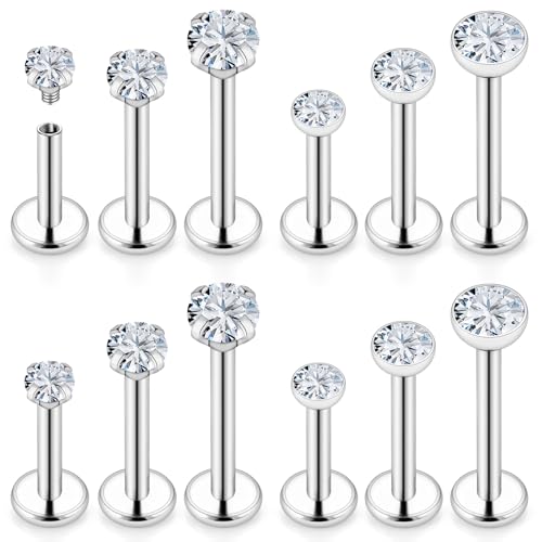16G Internal Thread Flat Back Earrings Nose Studs 316L Surgical Steel Medusa Labret Monroe Lip Ring Tragus Forward Helix Conch Cartilage Lobe Earrings Stud Piercing Jewelry For Women Men - color: Silver-Clear CZ