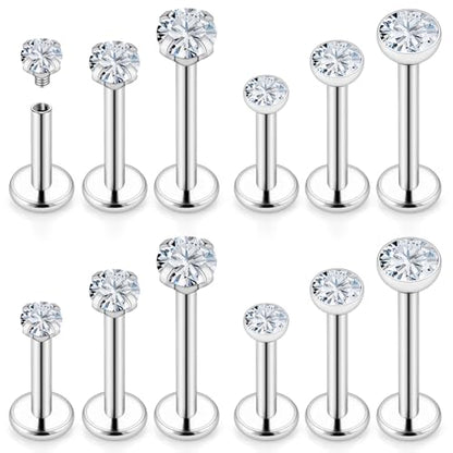 16G Internal Thread Flat Back Earrings Nose Studs 316L Surgical Steel Medusa Labret Monroe Lip Ring Tragus Forward Helix Conch Cartilage Lobe Earrings Stud Piercing Jewelry For Women Men - color: Silver-Clear CZ