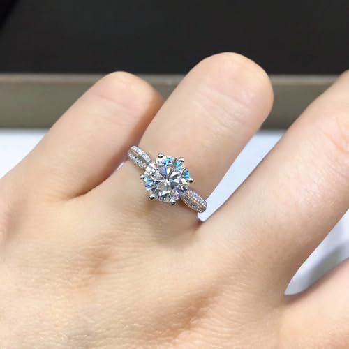 LUSHE Moissanite Engagement Ring 1-2CT D Color VVS1 Clarity 925 Sterling Silver with 18K White Gold Plated Solitaire Moissanite Wedding Promise Rings for Women - color: 002-2 Carat