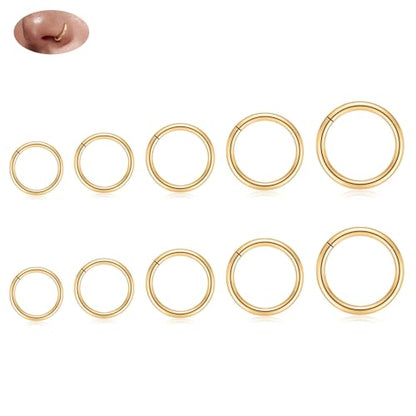 18G Nose Hoop Rings Surgical Steel Hinged Segment Clicker Rings 16G Septum Lip Rings 10 PCS Conch Daith Rook Cartilage Tragus Helix Sleeper Lobe Hoop Earrings Piercing Jewelry for Women 6mm to 16mm - color: Gold:10 pcs