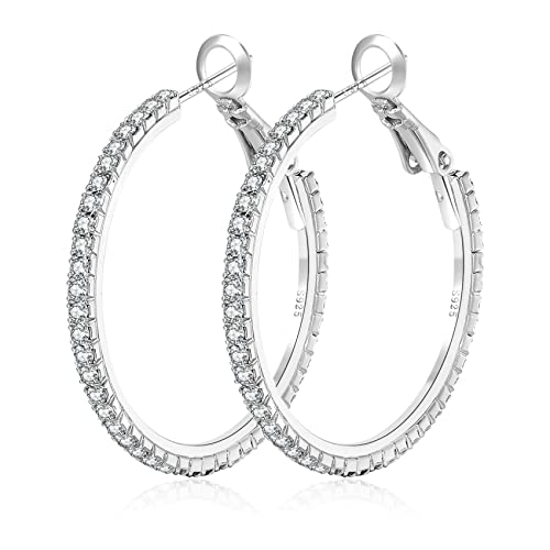 925 Sterling Silver Earrings Large Rhinestone Hoop Earrings Big Cubic Zirconia Hoop Earrings Thin Rhinestones Round Hoop Earrings for Women 20/30/40/50/60/70mm Sparkly Hoops With Crystals for Womens - color: Silver,40mm