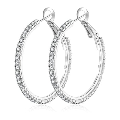 925 Sterling Silver Earrings Large Rhinestone Hoop Earrings Big Cubic Zirconia Hoop Earrings Thin Rhinestones Round Hoop Earrings for Women 20/30/40/50/60/70mm Sparkly Hoops With Crystals for Womens - color: Silver,40mm