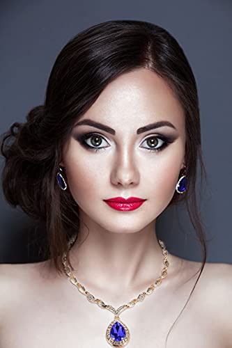 Womens Luxury Africa Dubai 18k Gold Plated Jewelry Sets Wedding Rhinestone Crystal Bib Statement Necklace Earrings Set for Brides Party Prom - color: Royal Blue