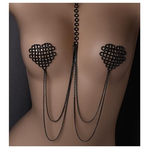Rhinestone Heart Bra Chain Non Piercing Nipple Jewelry Festival Rave Layered Sexy Necklace Crystal Nipple Body Accessories Jewelry for Women Party - color: Black