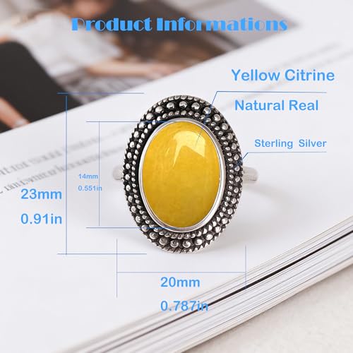 Retro Sterling Silver Stone Ring,Antique Natural Real Oval Crystal Quartz Gemstone Boho Bohemian Ring Jewelry for Women - color: A10_Yellow Citrine Quartz