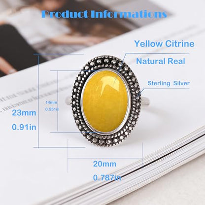 Retro Sterling Silver Stone Ring,Antique Natural Real Oval Crystal Quartz Gemstone Boho Bohemian Ring Jewelry for Women - color: A10_Yellow Citrine Quartz