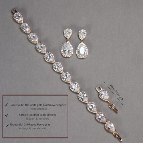 Bride Teardrop Earrings & Bracelet Wedding Jewelry Set, Cubic Zirconia Bridal Bridesmaid Party Formal Prom Gift - color: Rose Gold