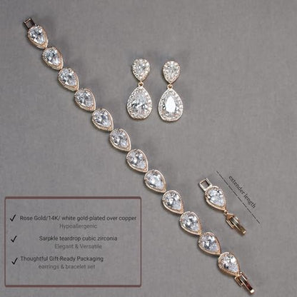 Bride Teardrop Earrings & Bracelet Wedding Jewelry Set, Cubic Zirconia Bridal Bridesmaid Party Formal Prom Gift - color: Rose Gold