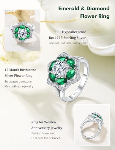 Flower Engagement Promise Ring Sterling Silver Birthstone Rings for Women Sapphire/Emerald/Ruby Gemstone Six Leaf Clover Statement Cocktail Ring Size 6 to 10 - style: 05. May-Created Emerald