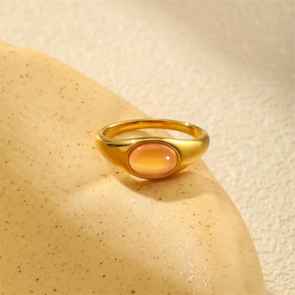 HIJONES Women's Stainless Steel Oval Opal Gemstone Dome Stacking Signet Ring Charming Wedding Jewelry - color: Pink Stone