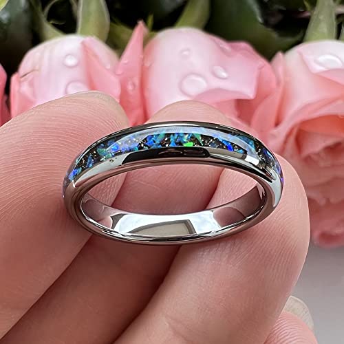 TUTISS 4mm Silver/Black Tungsten Rings for Women Men Engagement Wedding Bands Genuine Blue Green Galaxy Opal Inlay Domed Polished Comfort Fit - color: 4mm Tungsten Galaxy Opal