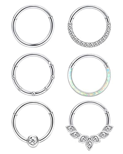 Jstyle 6Pcs 16G 18G Septum Rings Surgical Steel Nose Rings Hoop for Women Opal CZ Daith Cartilage Hoop Earring Clicker Septum Jewelry Hinged Hoop Nose Ring Lip Helix Rook Tragus Piercing Jewelry - color: Silver