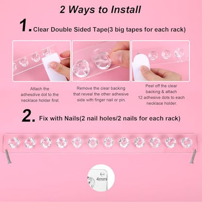 4Pcs Wall Necklace Holder for Women, Hanging Jewelry Organizer Wall Mount Crystal Holder Necklace Wall Hanger, Acrylic Bracelet Holder Organizer Jewelry Rack Adhesive Hooks Necklace Storage - style: 4 Pcs 12 Hooks
