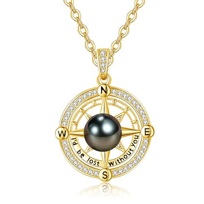 AAAAA Tahitian Black Pearl Compass Necklace For Women,925 Silver Jewelry,Valentines Wedding Anniversary Birthday Gifts for Her Wife Mom Daughter Grandma Sister