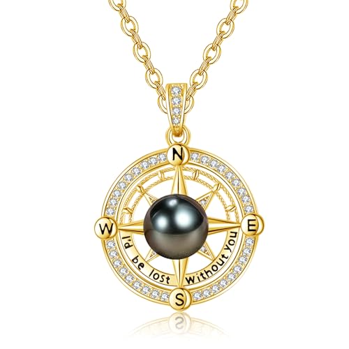 AAAAA Tahitian Black Pearl Compass Necklace For Women,925 Silver Jewelry,Valentines Wedding Anniversary Birthday Gifts for Her Wife Mom Daughter Grandma Sister