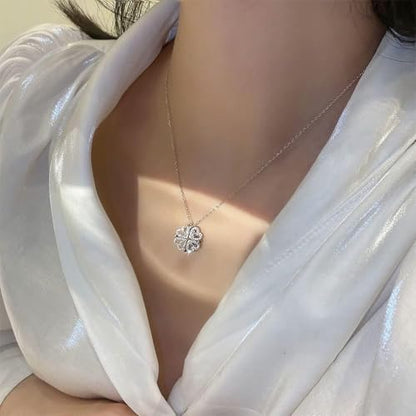 Four Leaf Clover Necklace Foldable for Women,925 Sterling SIlver Bling zircon stone Four Heart Grass Women's Necklaces Crocker ,Retro Magnetic Folding Love Heart Pendant One Style,Two Wearing Methods - color: Silver