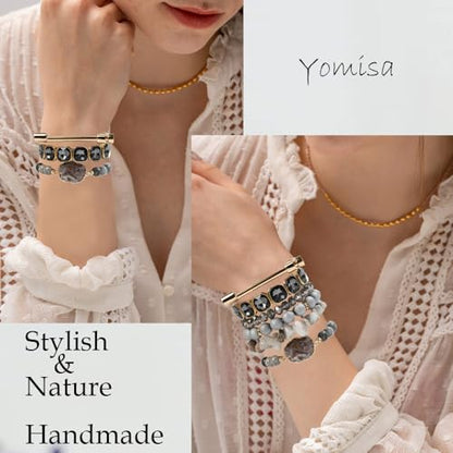 Yomisa Boho Beaded Bracelets/Bangle for Women,Multilayer 5/6/7PCS Healing Natural Handmade Stone Bead Bracelets Stackable Stretch Friendship Beaded Bracelet Set Trendy Western Bohemian Jewelry Gift - color: 6pcs-Gray&silver