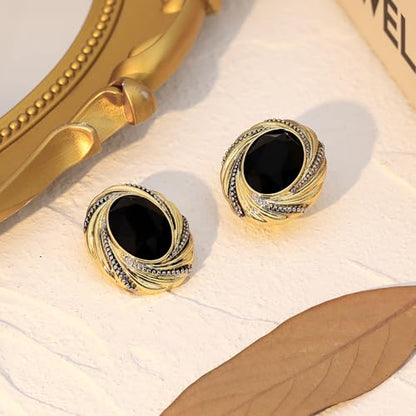 Chunky Gold Geometric Stud Earrings Trendy Vintage 14K Gold Plated Black Cubic Zirconia Statement Cocktail Earrings Dupes Jewelry for Women - style: Black Stone C