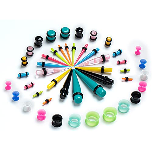 50 Pcs Ear Gauges Stretching Kit 14G-00G | Acrylic Tapers and Plugs Silicone Tunnels, Gauge Expanders Stretching Kit, Piercing Earring Jewelry for Men and Women - color: Multicolor