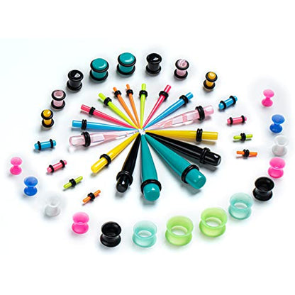 50 Pcs Ear Gauges Stretching Kit 14G-00G | Acrylic Tapers and Plugs Silicone Tunnels, Gauge Expanders Stretching Kit, Piercing Earring Jewelry for Men and Women - color: Multicolor