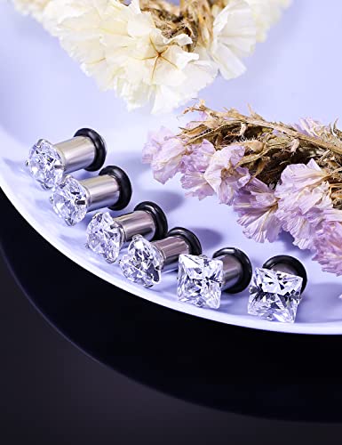 8G 6G 4G 2G 0G 1/2 inch Stainless Steel Ear Gauges - Round, Square, Heart, Cubic Zirconia - 3mm to 12mm - Silver, 3 Pairs - color: Gauge=4g=5mm