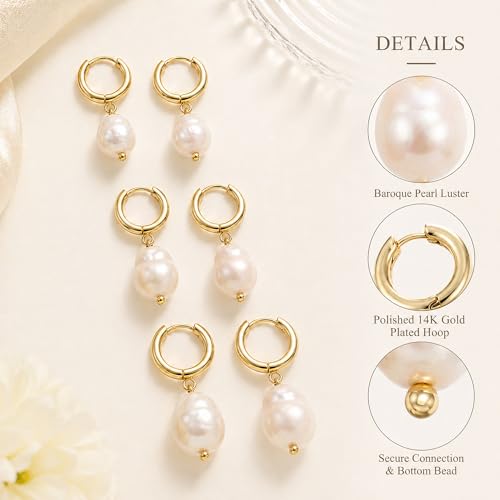 3 Pairs Huggie Hoop Pearl Earrings for Women, 14K Gold Plated Drop Dangle Earring Stackable Dainty Trendy Jewelry Set