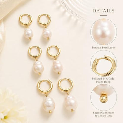 3 Pairs Huggie Hoop Pearl Earrings for Women, 14K Gold Plated Drop Dangle Earring Stackable Dainty Trendy Jewelry Set
