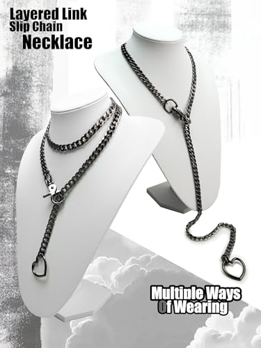 paloli Women's Slip Chain Rainbow Heart O-Ring Chunky Chain Necklace, Rays Cuban Long Layered Jewelry, Adjustable Lariat Y-Necklace Heart Loop Choker - color: E-Heart-Black-Black