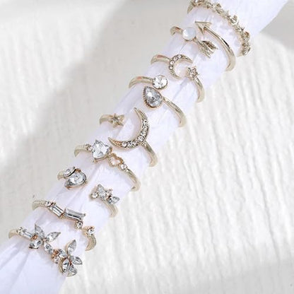 HUASAI Gold Stackable Rings Set for Women Boho Dainty Moon Star Pearl Leaf Cubic Zirconia Heart Midi Pinky Trendy Jewelry Birthday Gifts - color: A Silver Rings 9 Pcs