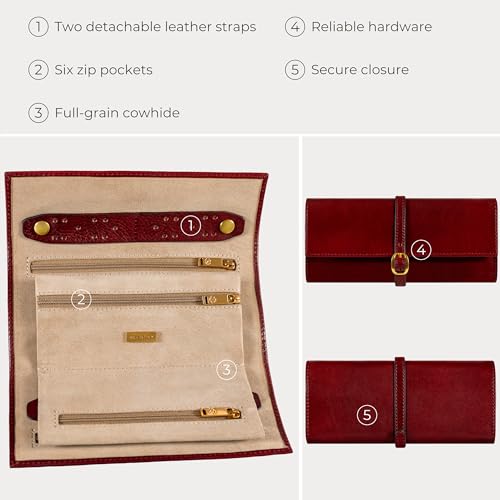 Time Resistance Leather Jewelry Roll - Full Grain Leather Travel Jewelry Case - Jewellery Organizer Made in Italy (Red) - color: Red