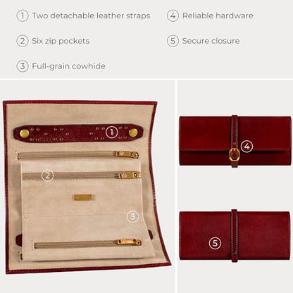 Time Resistance Leather Jewelry Roll - Full Grain Leather Travel Jewelry Case - Jewellery Organizer Made in Italy (Red) - color: Red