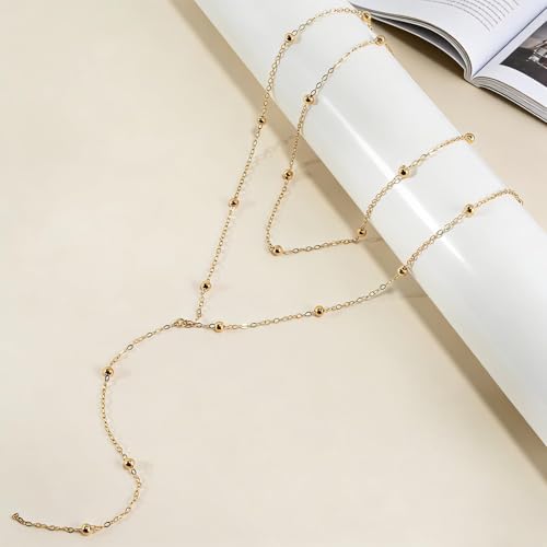 Necklace for Women, Dainty Long 14K Gold Y-Shaped Necklace Jewelry Trendy Beaded Layered Chain Drop Necklaces Jewelry Women Gifts - style: Round Bead