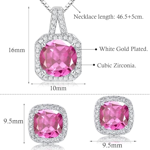 Cubic Zirconia Necklace and Earrings Set for Women 14K White Gold Plated Bridesmaid Silver Jewelry Set for Women Pendant Necklace Hypoallergenic Stud Earrings Set Jewellery Gift for Mom Wife Bride Bridesmaid - color: Pink-Square Shape