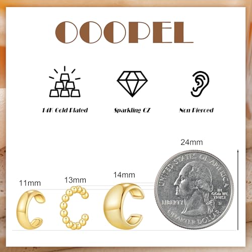 OOOPEL 3 Pairs 14K Gold Plated Ear Cuffs Non Piercing Lightweight Stackable Chunky Earring Cuff for Women Adjustable Non-Fading Fake Earrings Suitable for Christmas Gift - style: Chunky