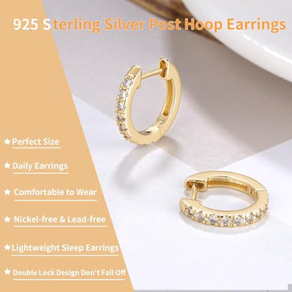 14K Gold Plated Hoop Earrings for Women with 925 Sterling Silver Post, Lightweight Small Hoop Earrings 15mm/20mm Huggie Hoop Earrings - color: CZ - 14K Gold Plated, size: 15MM