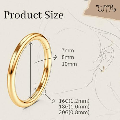 WYR 3Pcs Hypoallergenic Titanium Nose Rings for Women Men 16G 18G 20G | Black/Gold/Silver Seamless Septum Ring CZ & Double Hoop Clicker Conch Earrings Cartilage Piercing Jewelry 7mm 8mm 10mm - color: Gold, size: 20g 7mm