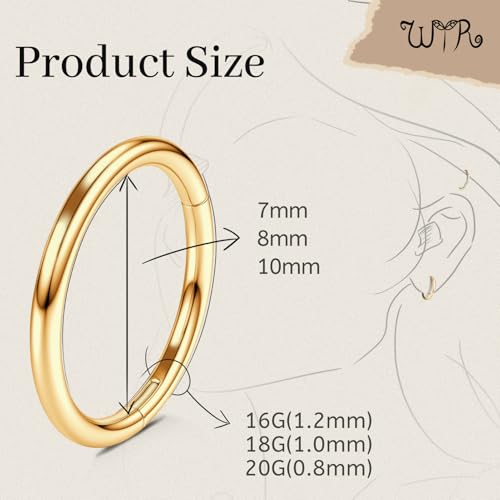 WYR 3Pcs Hypoallergenic Titanium Nose Rings for Women Men 16G 18G 20G | Black/Gold/Silver Seamless Septum Ring CZ & Double Hoop Clicker Conch Earrings Cartilage Piercing Jewelry 7mm 8mm 10mm - color: Gold, size: 16g 8mm